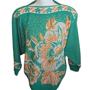 Vintage Sweater Grannycore Electic Floral Chunky‎ Large Pullover - Paris France